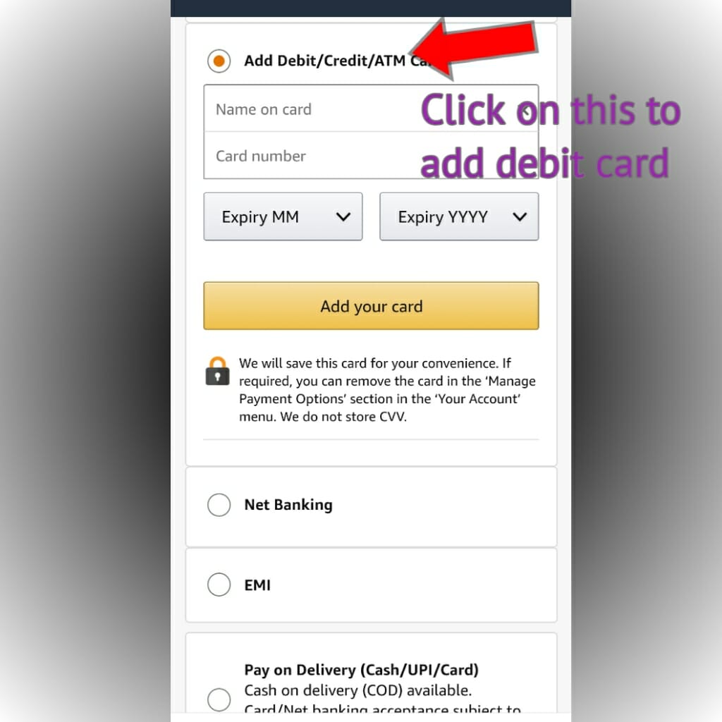 adding debit card in amazon